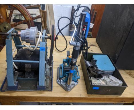 A drill press stand base, various tools parts, and a AC motor type BKS 2408 240V, and a basket with chisel and other toolsLoc