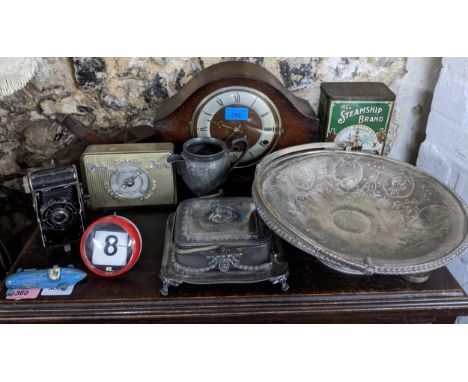 A mixed lot to include Victorian silver plate, oak cased mantel clock, barometer, vintage folding camera, Dinky Toys Talbot L