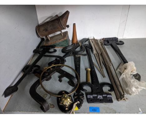 A vintage Bee smoker, wrought iron door furniture, music stand and other items Location: 