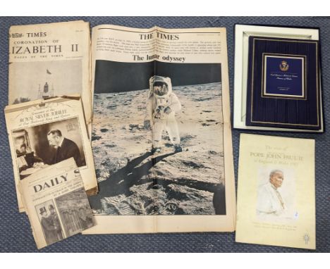 A mixed lot to include The Times The lunar odyssey special supplement newspaper, a signed Earl Spencer tribute to Diana Princ