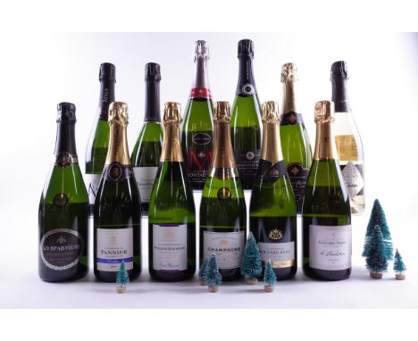 11 BOTTLES CHAMPAGNE AND 1 SPARKLING WINELo Sparviere Franciacorta Brut 2014; Bauser Diam's Extra Brut 2014; Ayala Brut Majeu