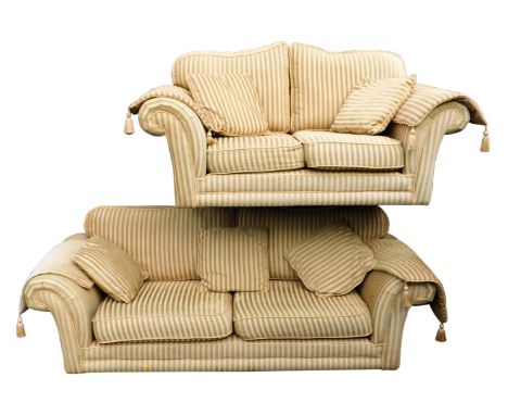 A Kirkdale three seater sofa, upholstered in green and gold striped fabric, 220cm wide, together with a two seater sofa, 164c