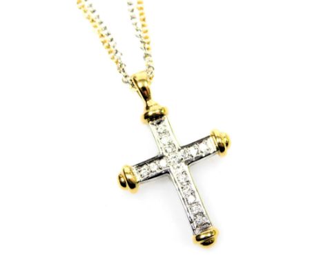 An 18ct gold and diamond set pendant cross, on a 9ct yellow and white gold double belcher link neck chain, on a bolt ring cla