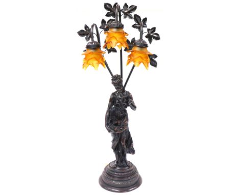 An Art Nouveau style bronzed plaster figural table lamp, modelled as a lady with a bowl of fruit, standing on a tiered circul