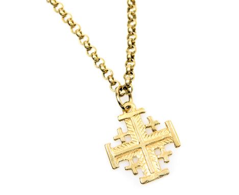 A cross pendant, impressed to the reverse "Jerusalem", stamped 18k, on a 9ct gold belcher link neckchain, with bolt ring clas