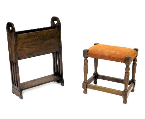 A Victorian oak and inlaid magazine trough, raised on straight end supports, united by an under tier, 72.5cm high,.51cm wide,