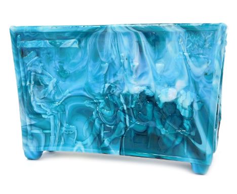 A late 19thC Sowerby turquoise end of day malachite glass Old King Cole trough, nursery rhyme series, 13cm wide.