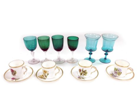 Four Edwardian green and turquoise glass wine glasses, pair of later turquoise wine glasses, and four Royal Worcester floral 