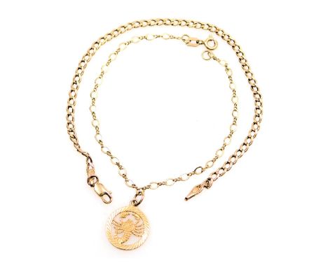 A 9ct gold curb link bracelet, on a lobster claw clasp, together with a 9ct gold Scorpio pendant on a fancy link chain, with 