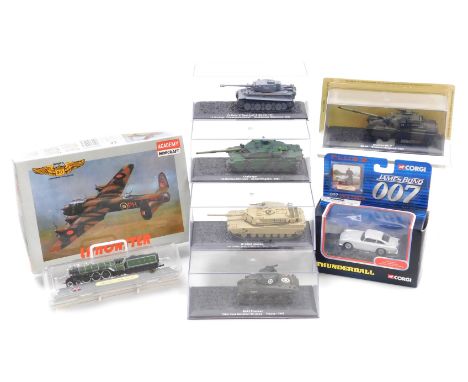 A Corgi diecast James Bond 007 Thunderball, Aston Martin DB5, TY95301, five models of WWII and later tanks, a static model of