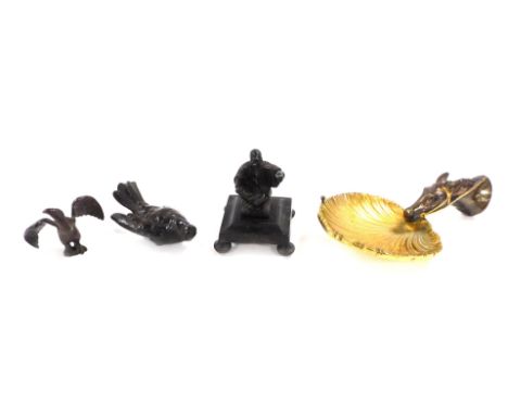 An early 20thC bronzed and gilt brass wall mounted dish, cast as a horse's head and shell, 20cm wide, together with two cast 