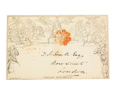 Philately. A Mulready envelope addressed to Mr TJ Hull Esq. Bow Street, London, with red Maltese Cross stamp, the reverse wit