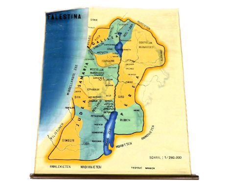 An early 20thC Dutch fabric school map of Palestine, scale 1/280.000, printed Tegyduc Wakken, 114cm x 99cm.