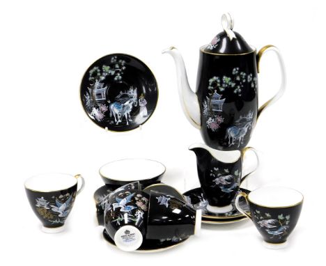 A Royal Albert porcelain Oriental pattern part coffee service, comprising coffee pot, cream jug, sugar bowl, six cups and sau