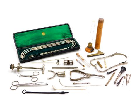 A set of late 19thC Arnold and Sons silver plated catheters, cased, and surgical tools including a Jessop blood letting tool.