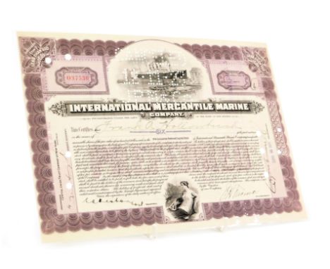 An International Mercantile Marine Company share stock certificate, in the name of Frank A Hollobush, six shares, 1922, 20.5c