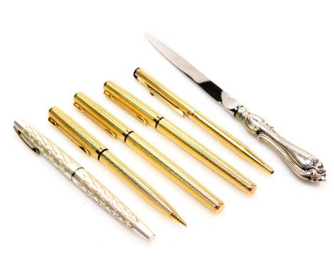 An Elizabeth II silver handled paper knife, Sheffield 1990, together with a Sheaffer cartridge pen, Spur ballpoint pen and a 