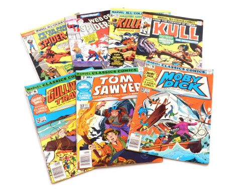 Marvel comics. An edition of Peter Parker The Spectacular Spiderman, issue 1, Three editions of Marvel Classic Comics issues 
