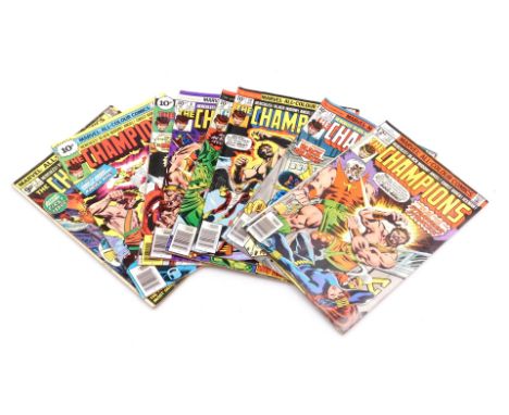 Marvel comics. Eight editions of The Champions, issues 1, 6, 7, 8, 9, 10, 11 and 12, (Bronze Age). 