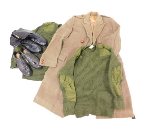 Various RAF related and other items, a kit bag, green jacket, various footwear, boots, overcoat, etc. (qty)