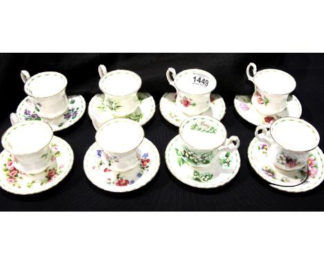 Eight Royal Albert Flower of the Month cups and saucers, one saucer broken, all seconds quality. P&amp;P Group 3 (£25+VAT for