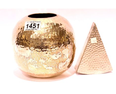 Mid 20th century silver plated plannished vase of globular form, and a pewter pie-slice pot pourris atomiser, H: 15 cm. P&amp