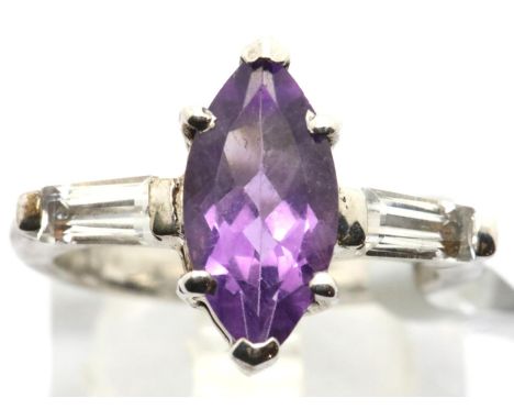 Sterling silver marquise cut amethyst ring with baguette cut topaz shoulders. Size O, 4.7g. P&amp;P Group 1 (£14+VAT for the 