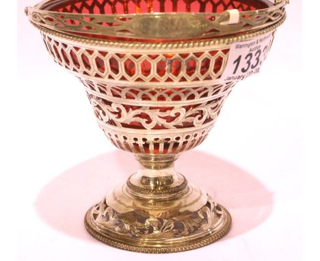 Victorian hallmarked silver and Cranberry basket, London assay 1865, 252g. Condition report: Few surface scratches to item, N