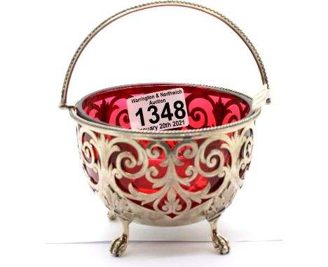 Early Victorian silver and Cranberry glass sugar basket, Birmingham assay 1839. D: 12 cm, 210g. P&P Group 2 (£18+VAT for the 
