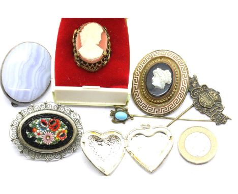 Mixed vintage jewellery, including a cameo set pinchbeck mourning brooch, stick pins, cameo ring etc. P&amp;P Group 1 (£14+VA