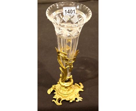 19th century French cut glass conical Escalier de Cristal vase raised in an ornate ormolu stand, H: 38 cm. P&amp;P Group 3 (£