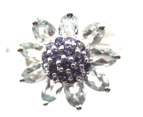 9ct white gold aquamarine and iolite ring. With certificate, size K, 4.4g. P&amp;P Group 1 (£14+VAT for the first lot and £1+