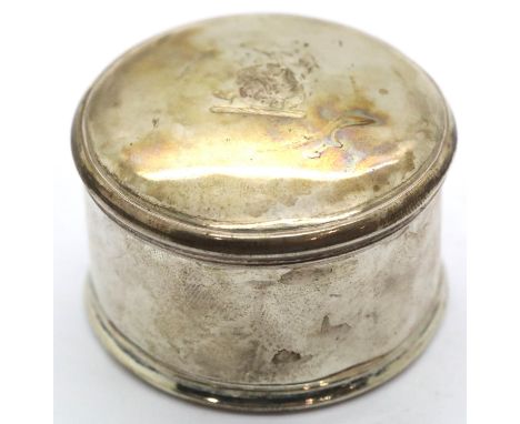 Presumed Continental silver circular box, marks indistinct. D: 5 cm, 54g. P&amp;P Group 1 (£14+VAT for the first lot and £1+V