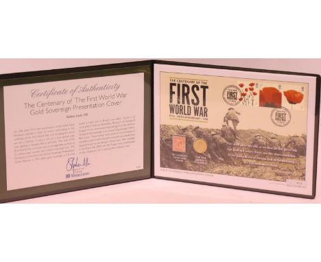 Limited edition Centenary of the First World War gold sovereign presentation stamp cover. P&amp;P Group 2 (£18+VAT for the fi