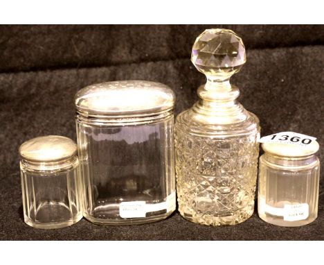 George V pair of silver top glass dressing table jars, Chester assay 1921, a further Walker &amp; Hall silver top jar and a h