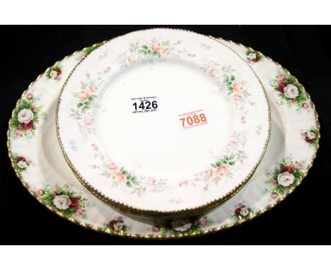 Six Paragon Affection pattern dinner plates, first quality and good condition and a Royal Albert meat platter. P&amp;P Group 