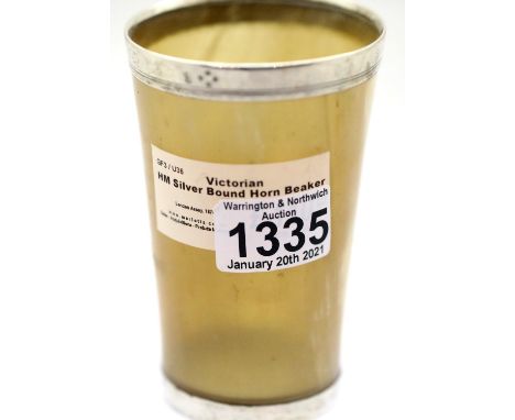 Victorian hallmarked silver bound horn beaker, London assay 1874. P&amp;P Group 1 (£14+VAT for the first lot and £1+VAT for s
