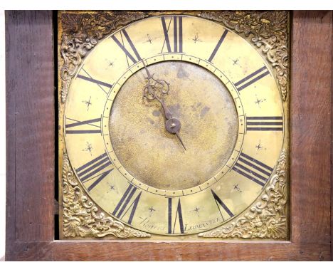 An 18th century single hand oak cased brass faced longcase clock by Rogers, Leominster, chain driven movement and single weig