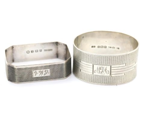 Two Art Deco hallmarked silver napkin rings, combined 47g. P&amp;P Group 1 (£14+VAT for the first lot and £1+VAT for subseque