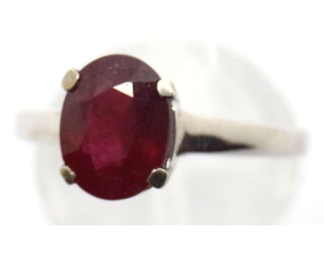 Sterling silver ruby solitaire ring. Size P, 2.8g. P&amp;P Group 1 (£14+VAT for the first lot and £1+VAT for subsequent lots)
