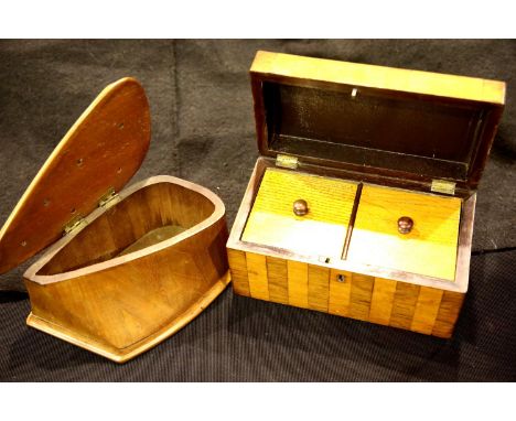 Contemporary two compartment mixed woods tea caddy and a handmade covered pipe box. P&amp;P group 2 (£18+VAT for the first lo
