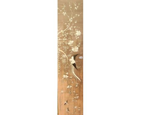 Oriental framed embroidered silk panel, 160 x 35 cm, set into a gilded bamboo frame. Condition report: good condition no chip