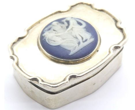 Edward VII hallmarked silver pill box, the hinged cover set with a circular Wedgwood type panel, Chester assay 1907. 5.5 x 4 