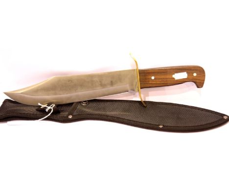 Large Bowie type knife with wooden handle, in sheath. P&amp;P Group 1 (£14+VAT for the first lot and £1+VAT for subsequent lo