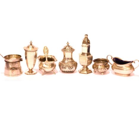 Collection of seven hallmarked silver and silver plated condiment pots including open salts and shakers. Combined silver weig