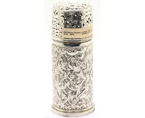 Large Victorian hallmarked silver castor, London assay 1891. H: 16 cm, 180g. P&amp;P Group 1 (£14+VAT for the first lot and £