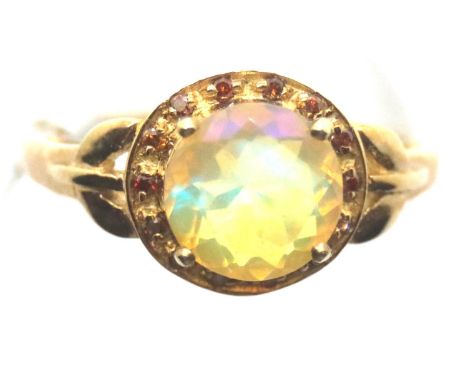 9ct yellow gold Ethiopian opal and red diamond ring, with certificate, size O, 2.7g. P&amp;P Group 1 (£14+VAT for the first l