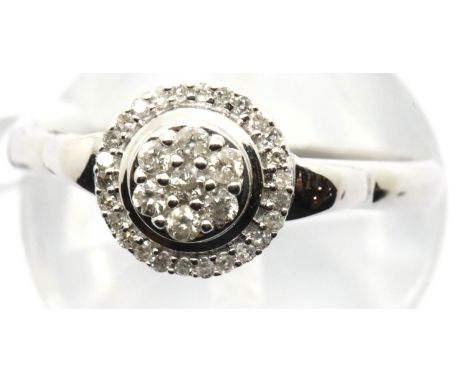 9ct white gold diamond halo ring, size O, 1.6g. Condition report: attached tag says made in India, No visible assay marks. No