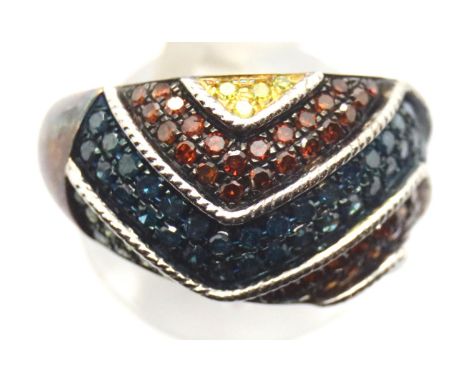 Sterling silver multi coloured diamond ring with 1ct of diamonds, with certificate. Size N/O, 5.2g.  P&amp;P Group 1 (£14+VAT