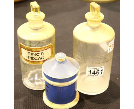 Two named Victorian glass apothecary bottles and a ceramic example. P&amp;P group 2 (£18+VAT for the first lot and £3+VAT for